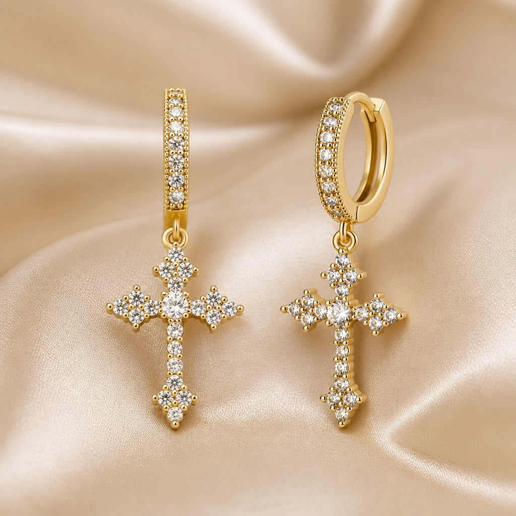Pendientes de cruz con circonitas incrustadas en oro blanco – imagen 2