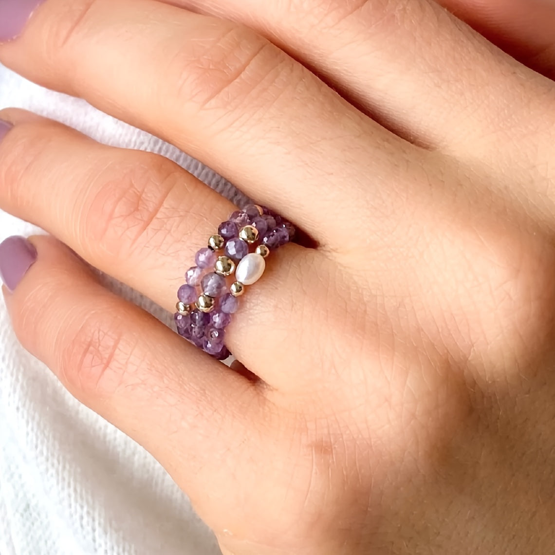 Conjunto de 3 anillos de amatista con cuentas — Carmen, Lucía & Rocío