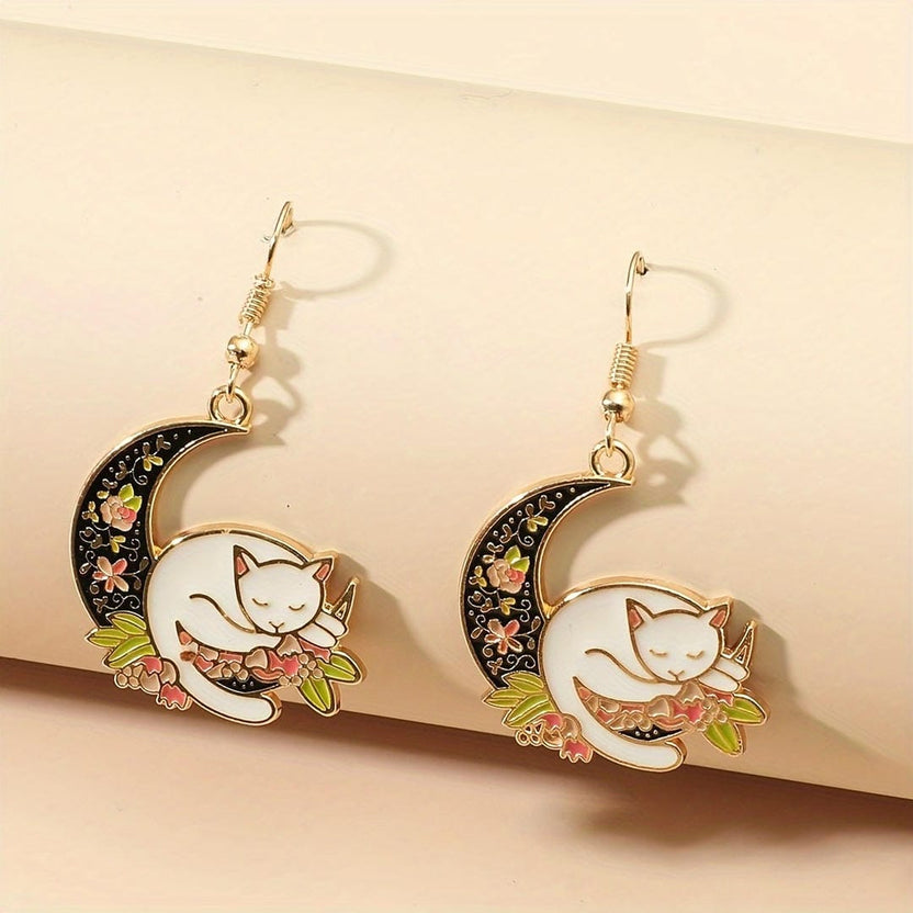 Pendientes largos de gato durmiendo y luna