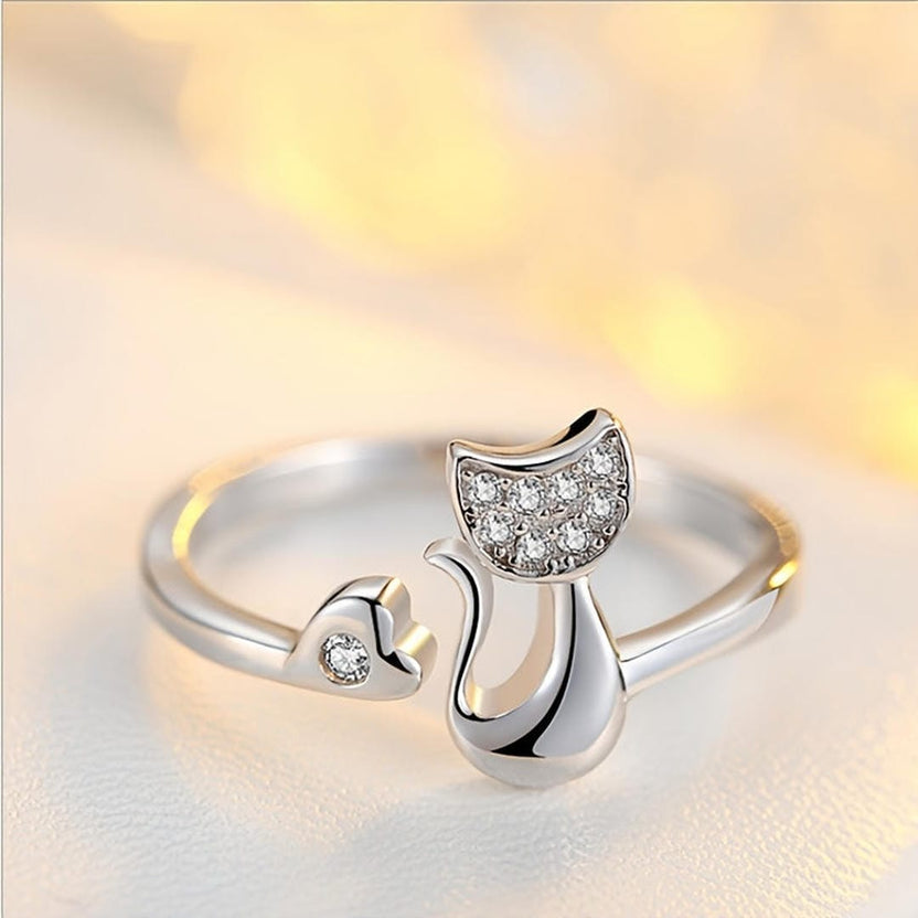 Anillo abierto de circonita con gato