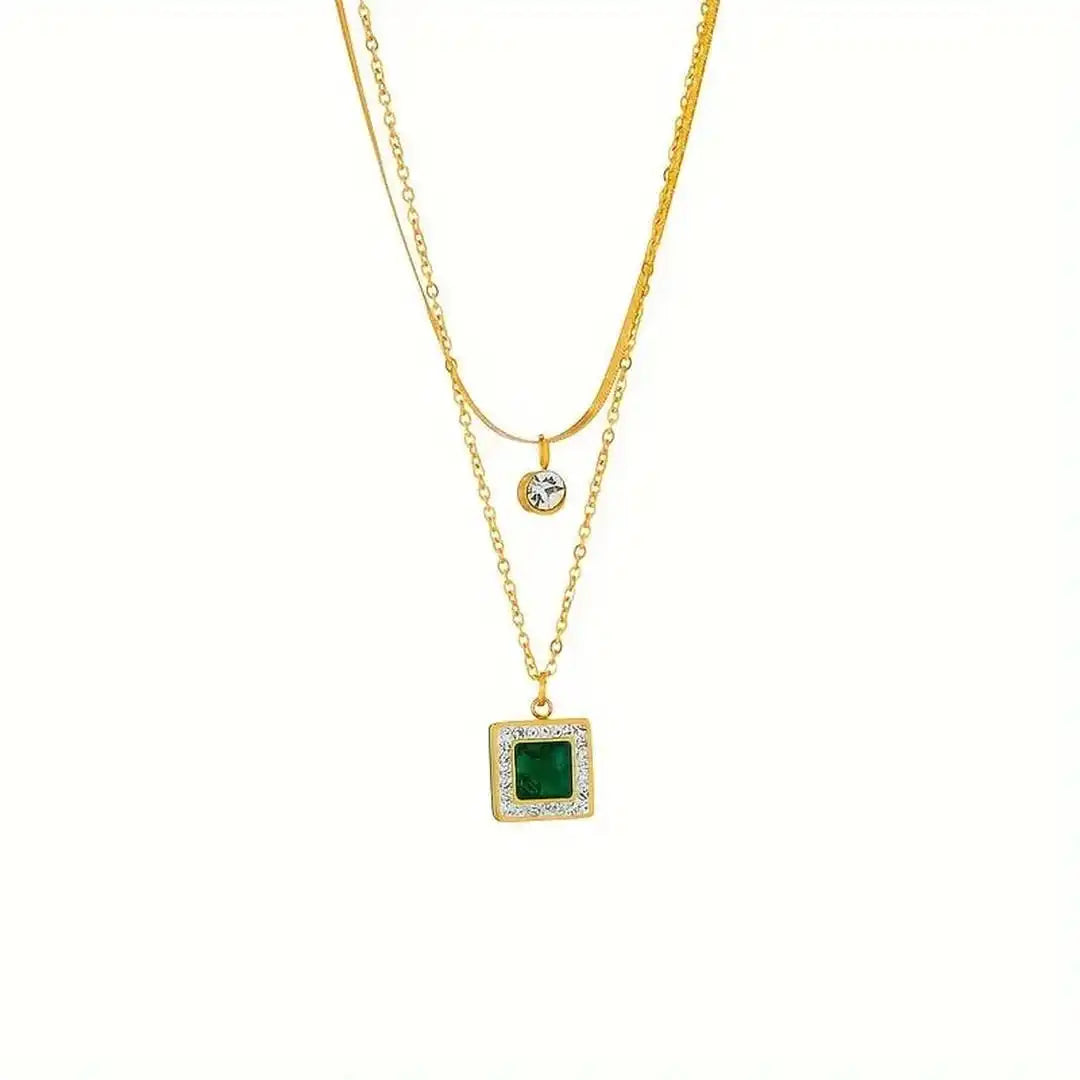 Collar doble de oro en capas con esmeralda – imagen 3