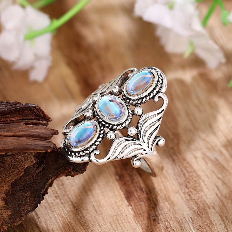 Anillo de piedra de luna de plata con triple óvalo – imagen 2