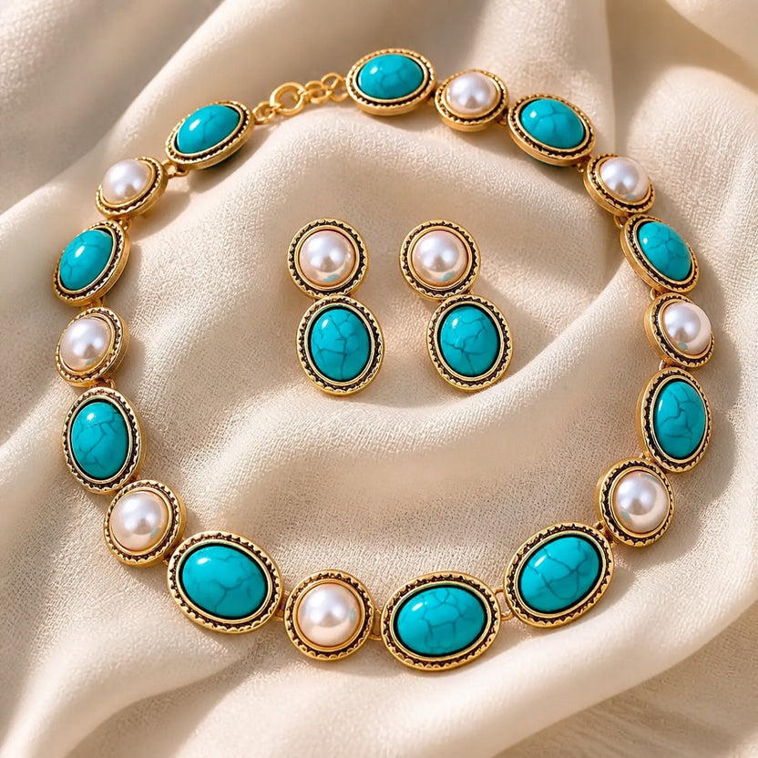 Conjunto protagonista de turquesa y perla en oro antiguo