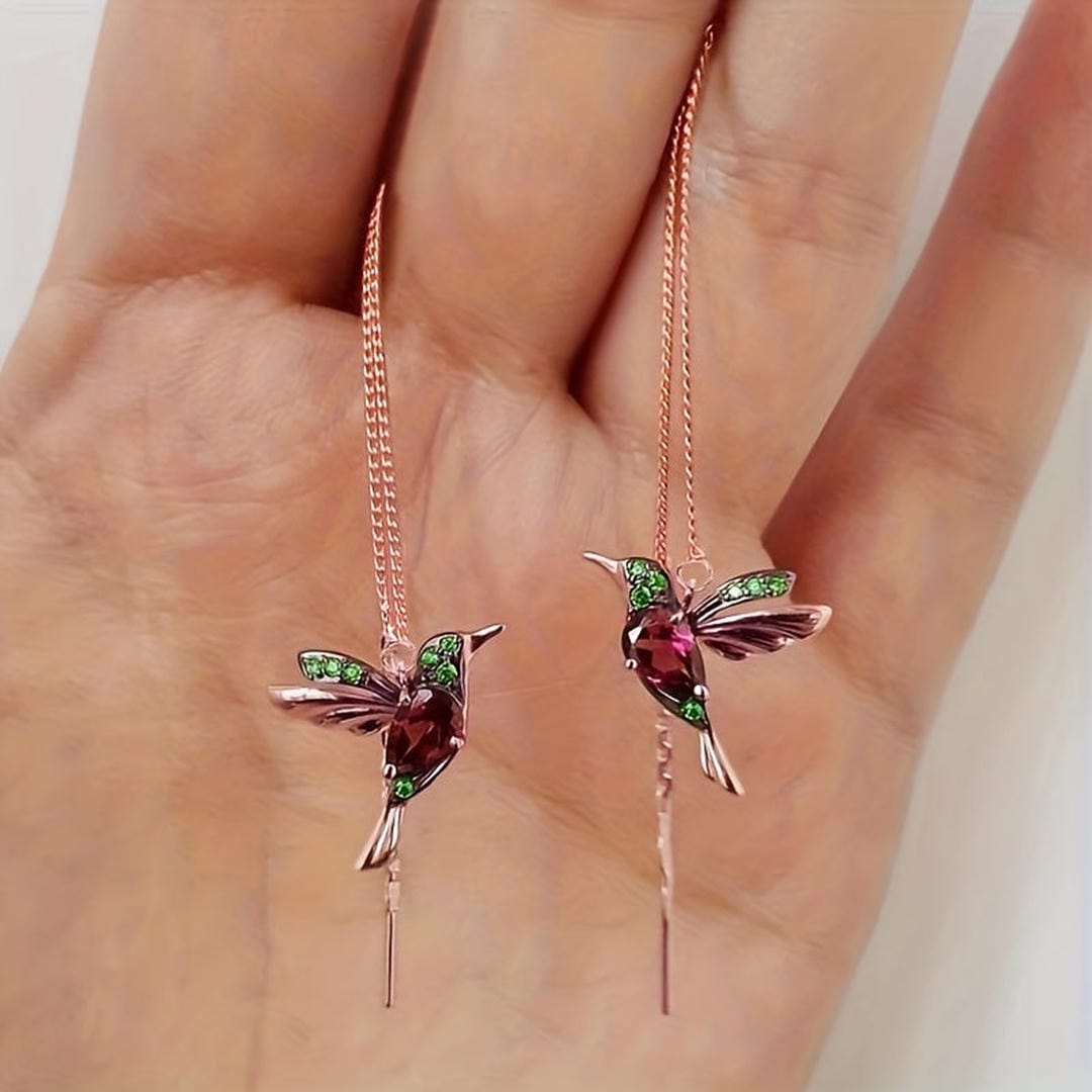 Pendientes de hilo con colibrí y gema