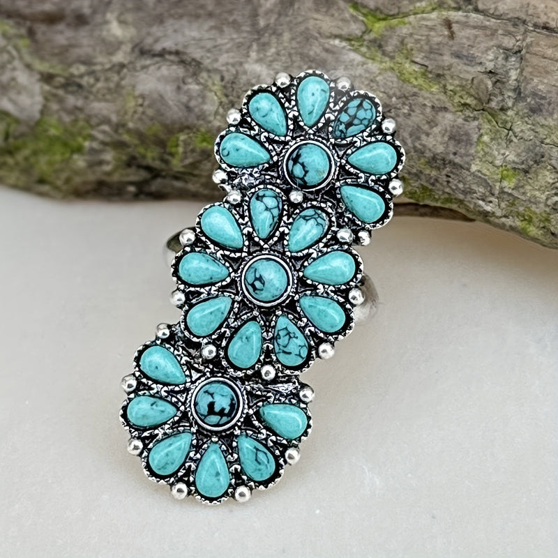 Anillo de tres flores de turquesa