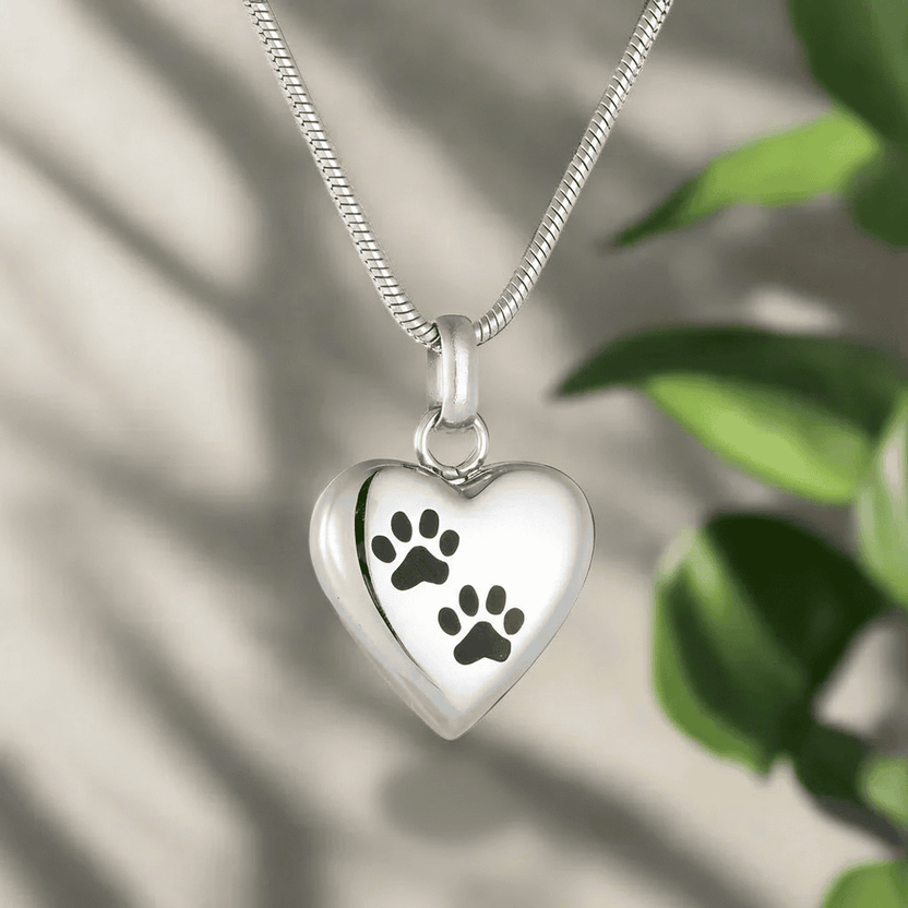 Collar urna conmemorativo para mascotas con colgante de corazón y huellas grabadas