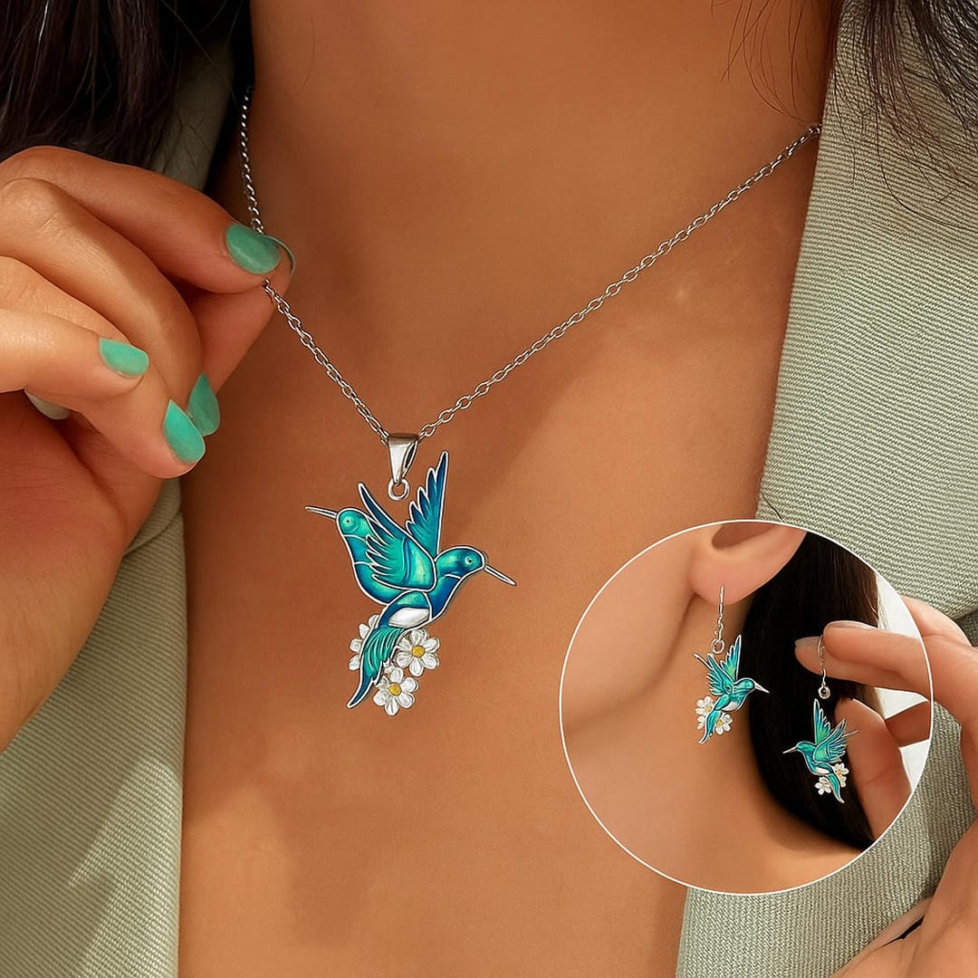 Hermoso collar colibrí con pendientes a juego