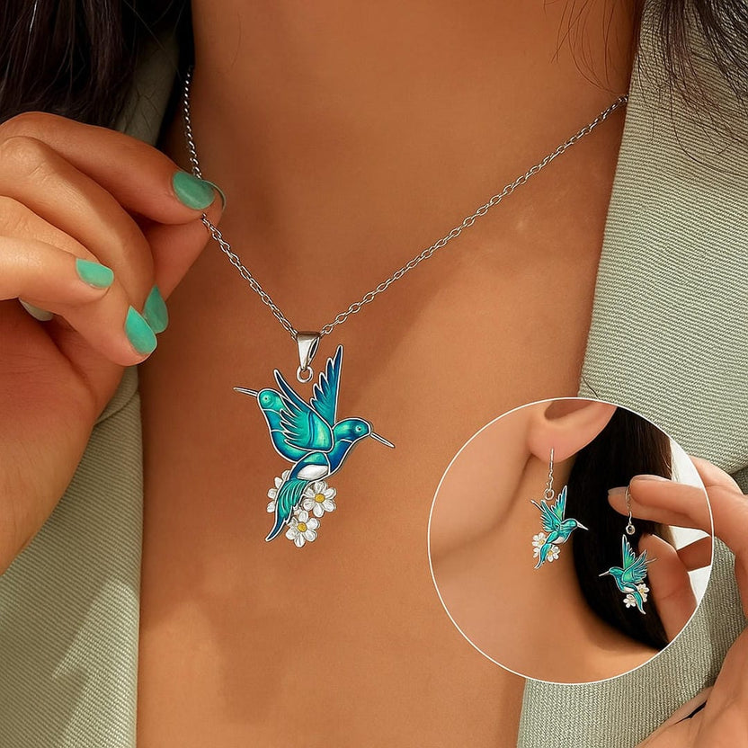 Hermoso collar colibrí con pendientes a juego