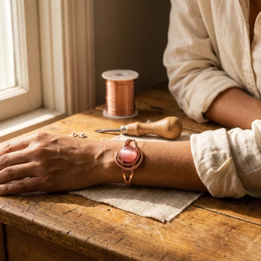 Pulsera de cobre con esfera rosa eterna