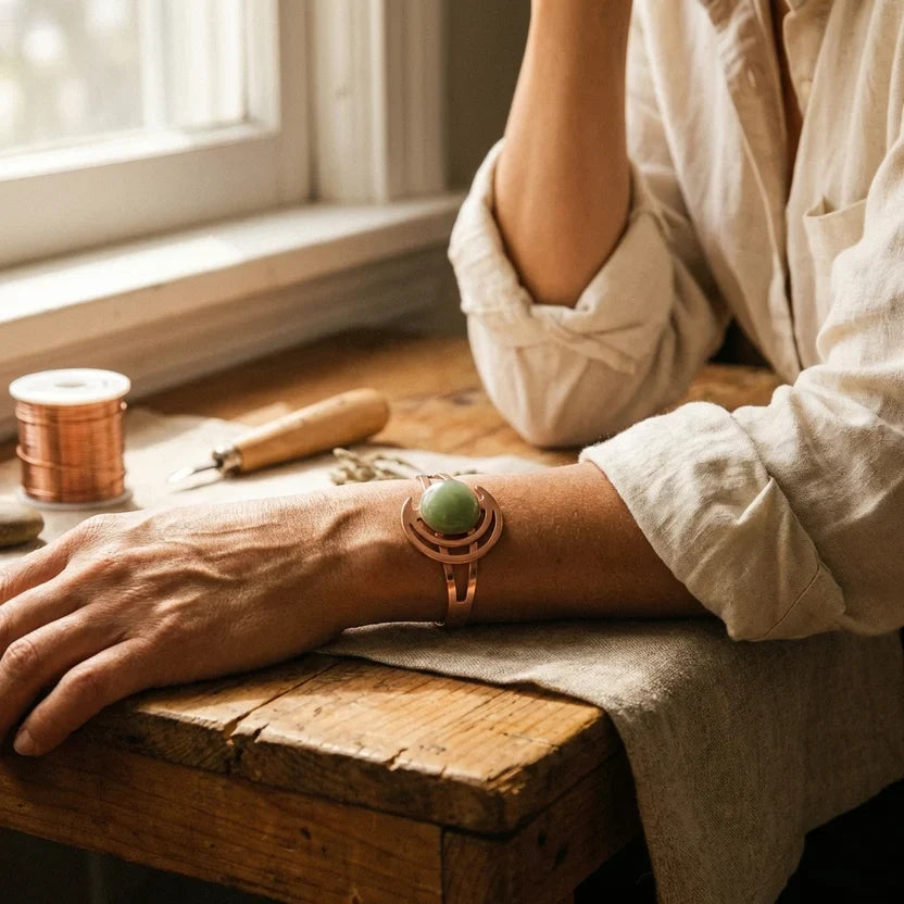 Pulsera de cobre Esmeralda Eterna con esfera — Carmen, Lucía & Rocío
