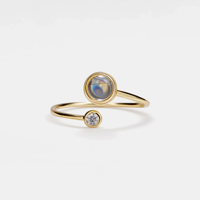 Anillo de doble piedra de labradorita y piedra lunar