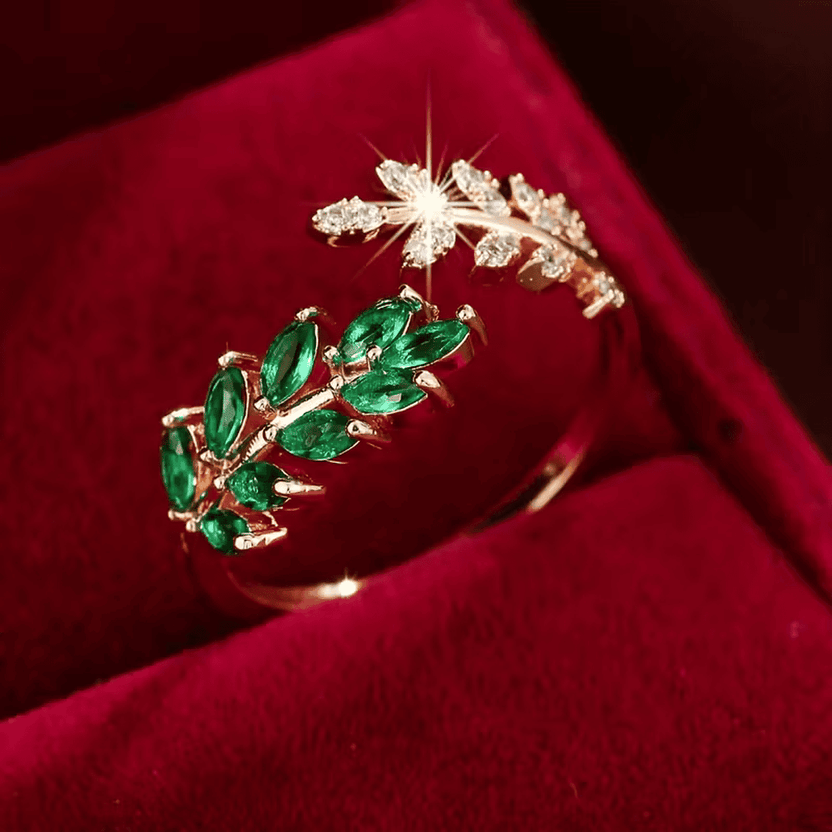 Anillo elegante verde de hoja de laurel