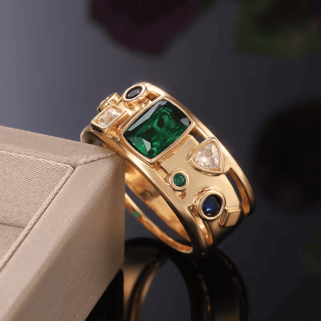 Anillo elegante de mosaico con esmeraldas – imagen 2