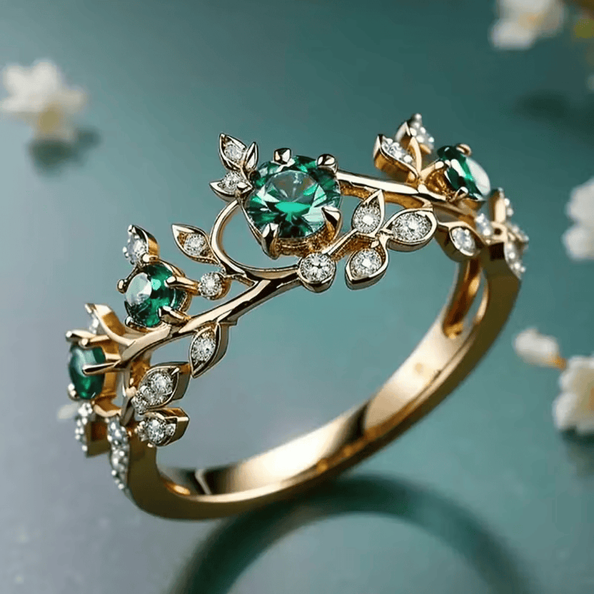 Anillo clásico floral de esmeralda
