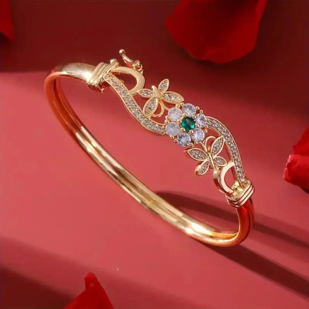 Pulsera de circonita dorada con cristal verde