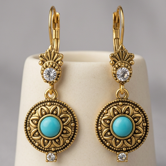 Pendientes colgantes vintage de medallón con cristales – imagen 2