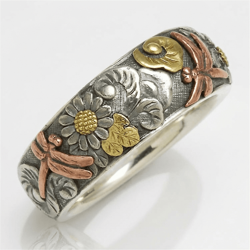 Anillo de plata libélula y girasol