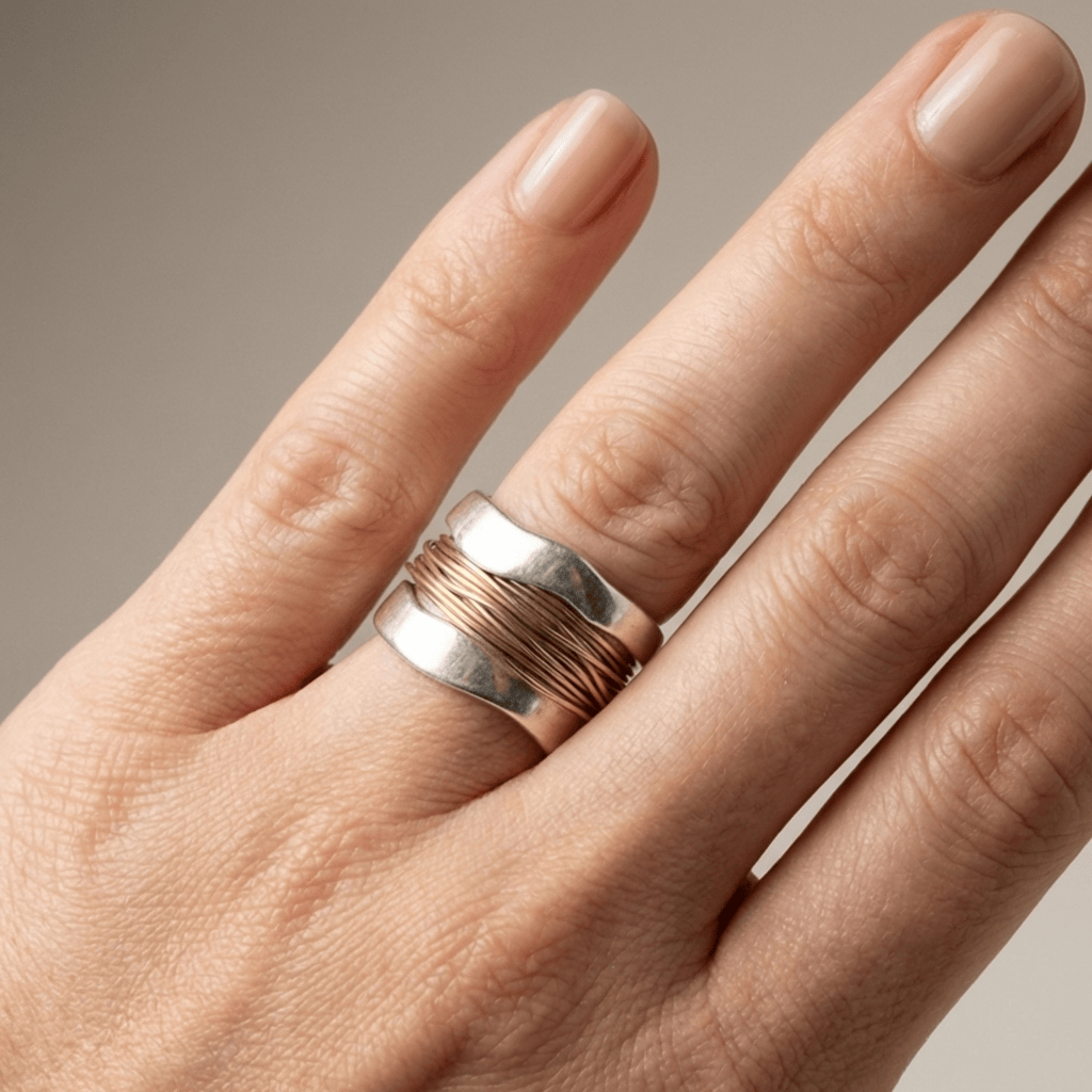 Anillo artesanal de alambre envuelto dorado – imagen 3