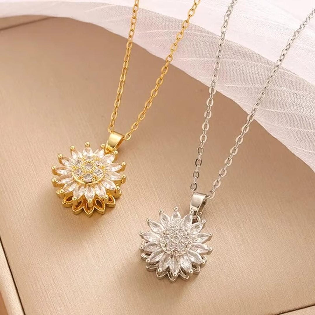 Set de collar y pendientes de girasol en circonita, plata de tendencia – imagen 5