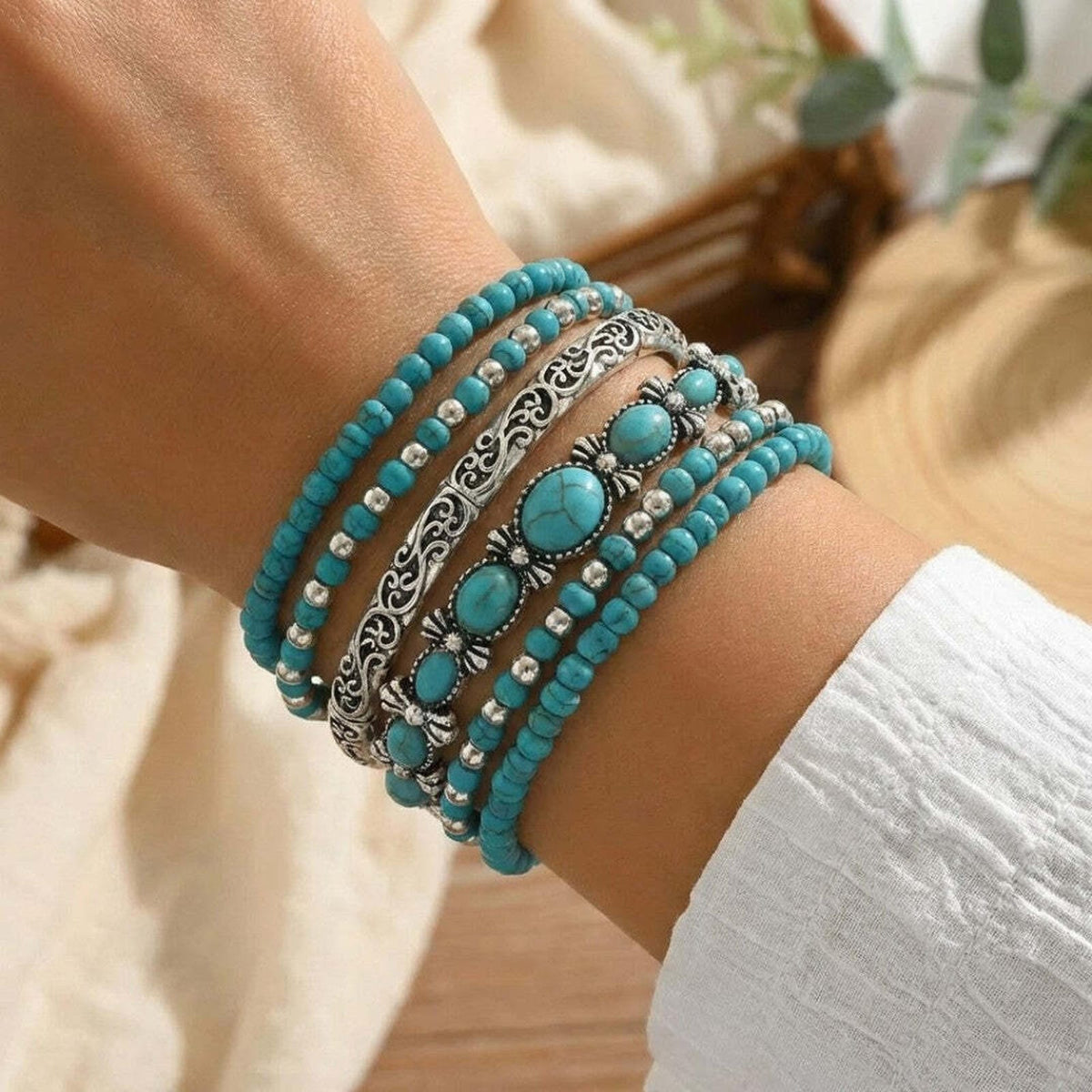 Set de pulseras boho de cuentas en turquesa