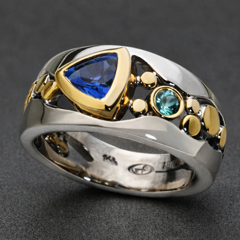 Anillo bicolor con escudo de zafiro