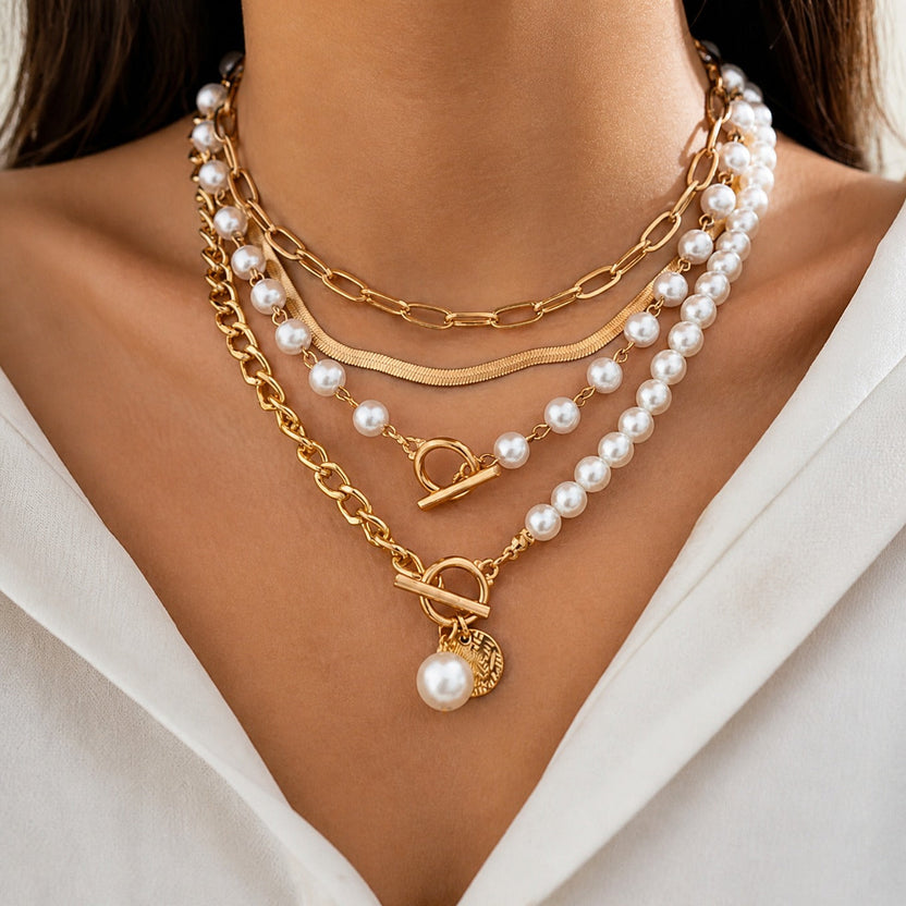 Conjunto de collar vintage de perla y cadena de serpiente — Carmen, Lucía & Rocío