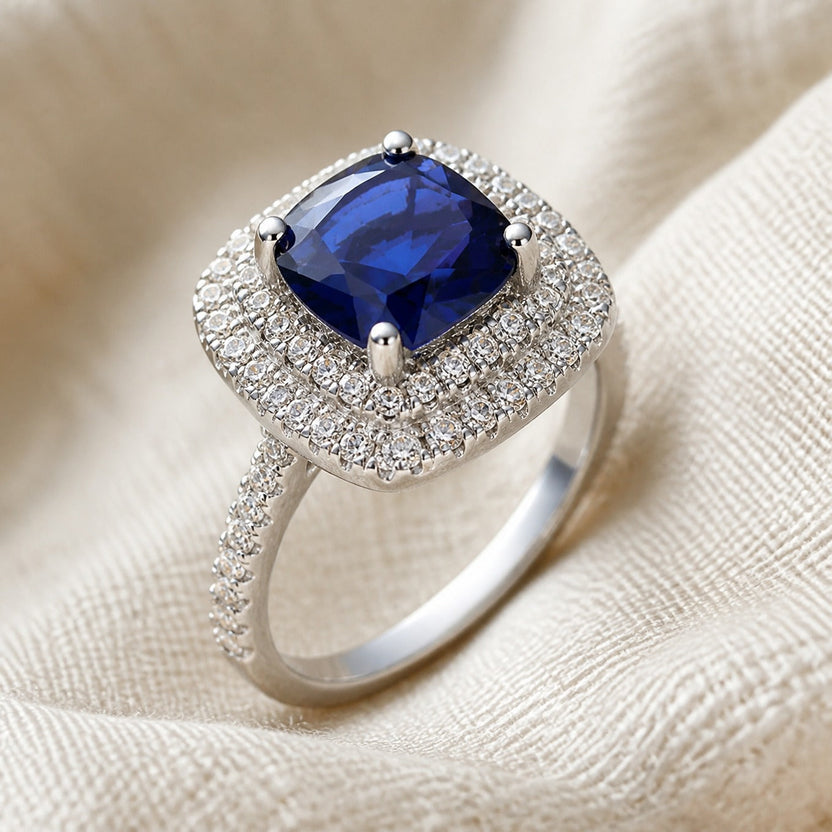 Anillo prestigio de plata de ley con zafiro