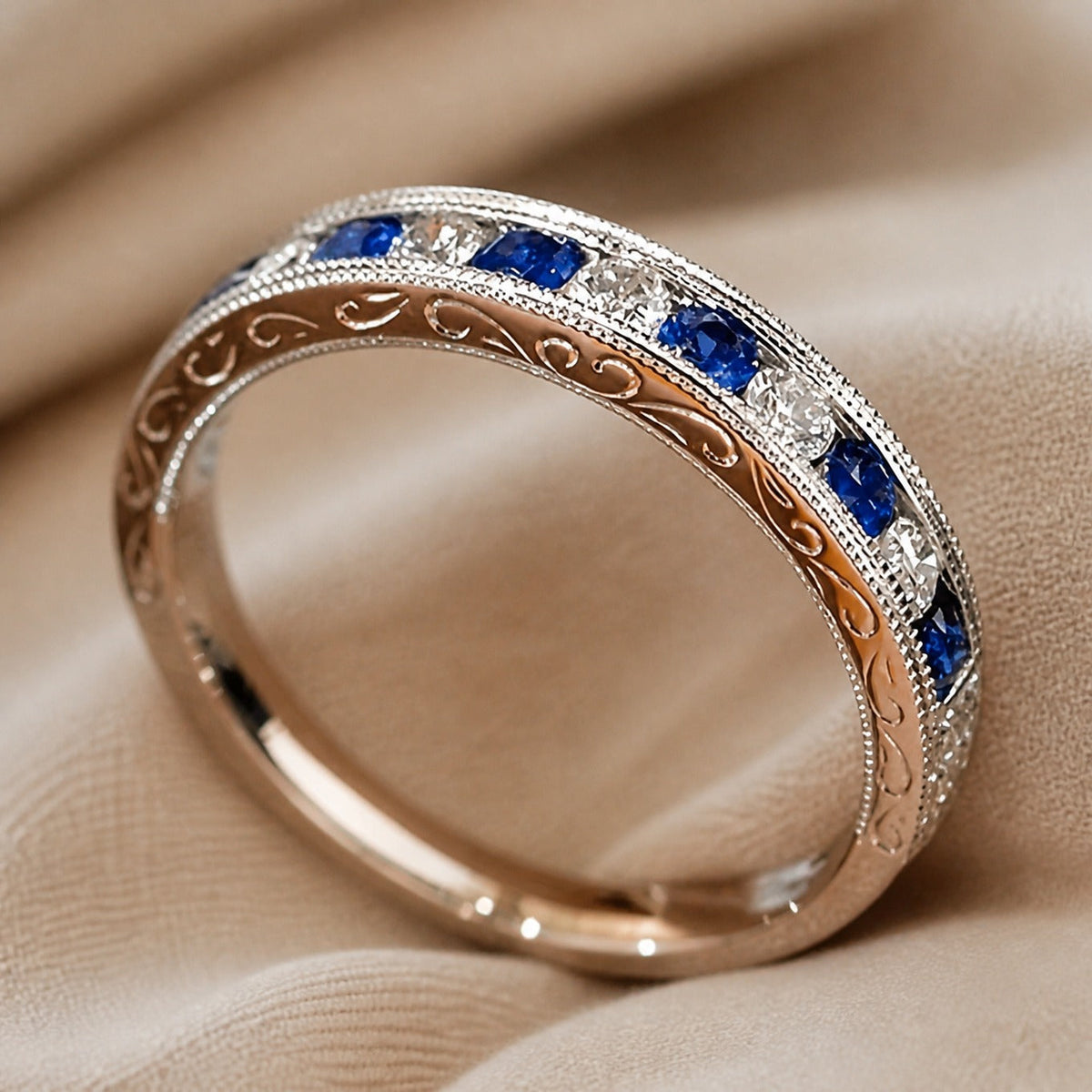 Anillo de zafiro de oro blanco de estilo heredado