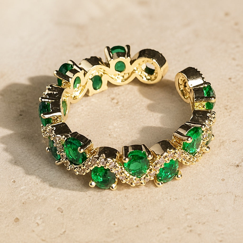 Anillo corona de cristal verde real