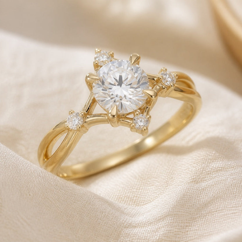 Anillo redondo de circonita dorado con torsión