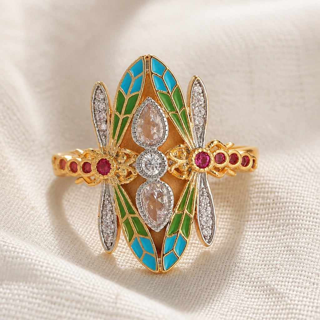 Anillo bohemio dorado de circonita con libélula – imagen 2