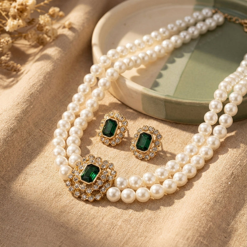 Conjunto de collar de perlas y esmeralda Carmen, Lucía & Rocío