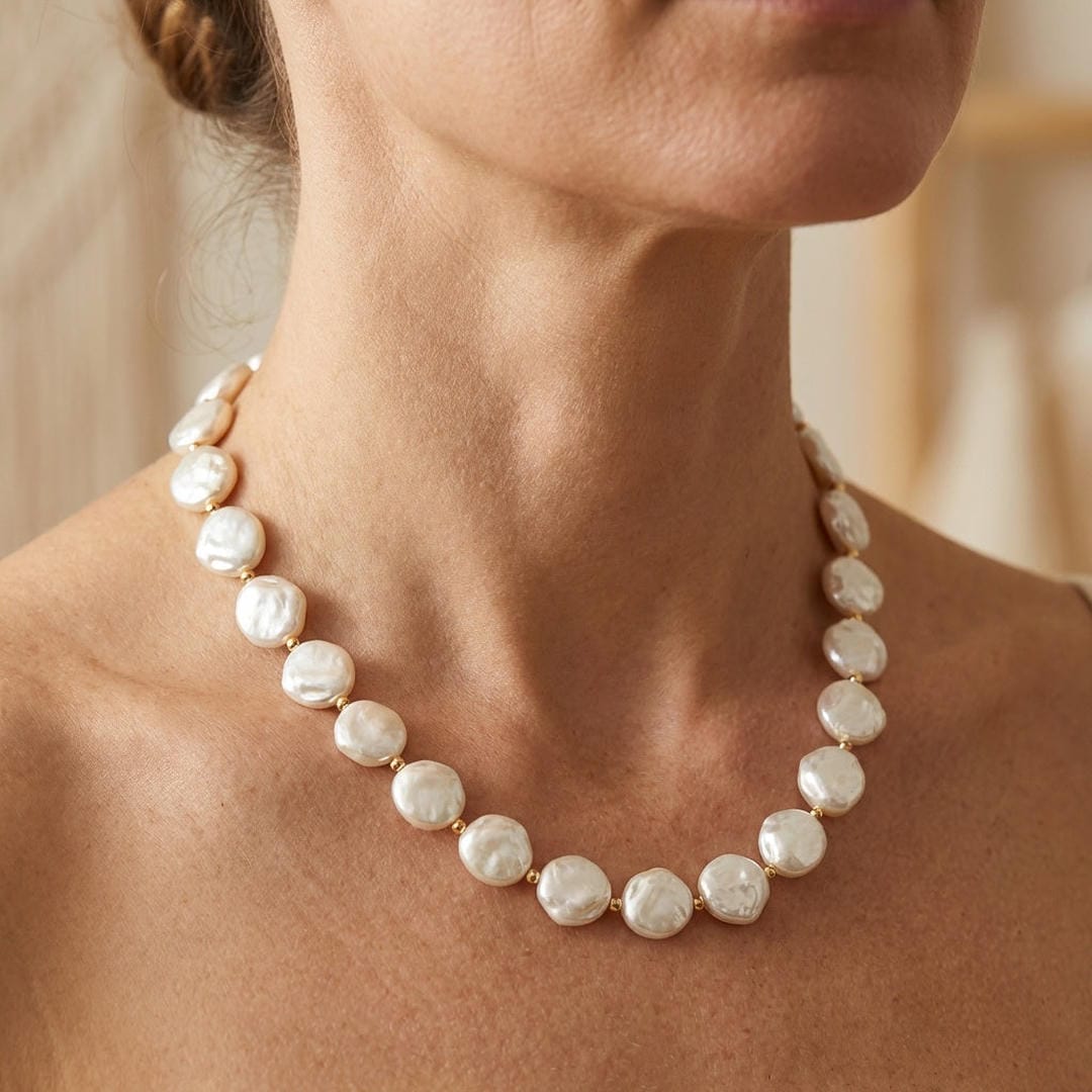Collar de hilo de perlas barrocas y perlas moneda