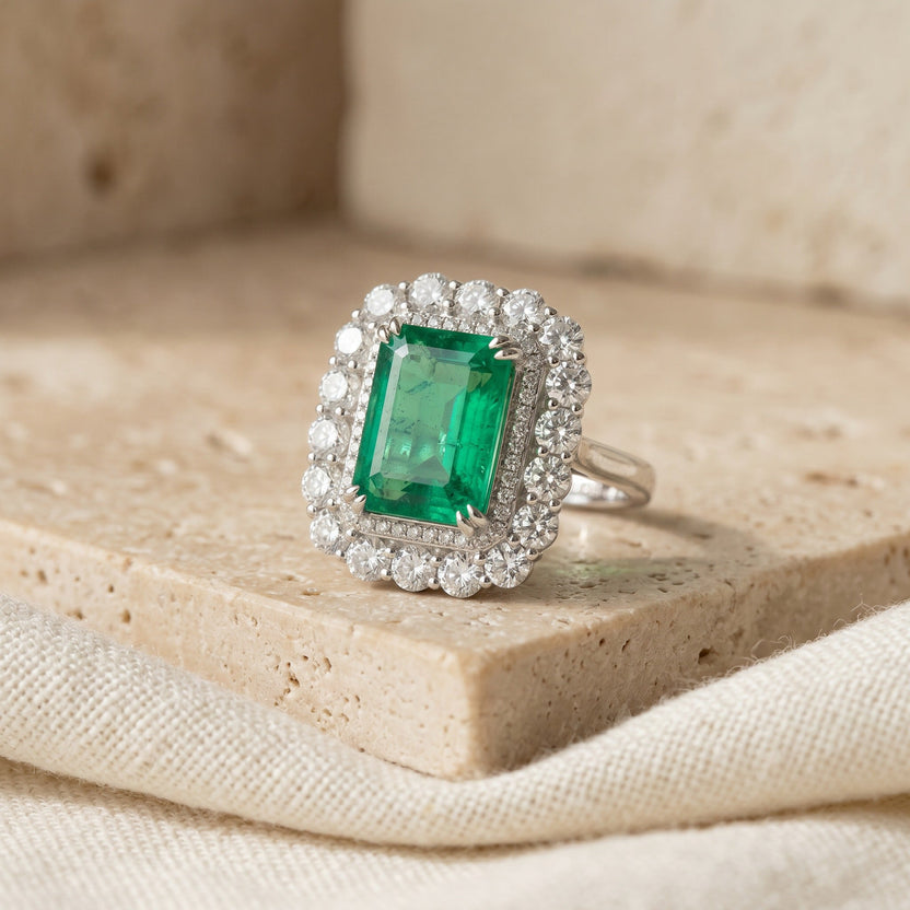 Anillo halo grande de esmeralda