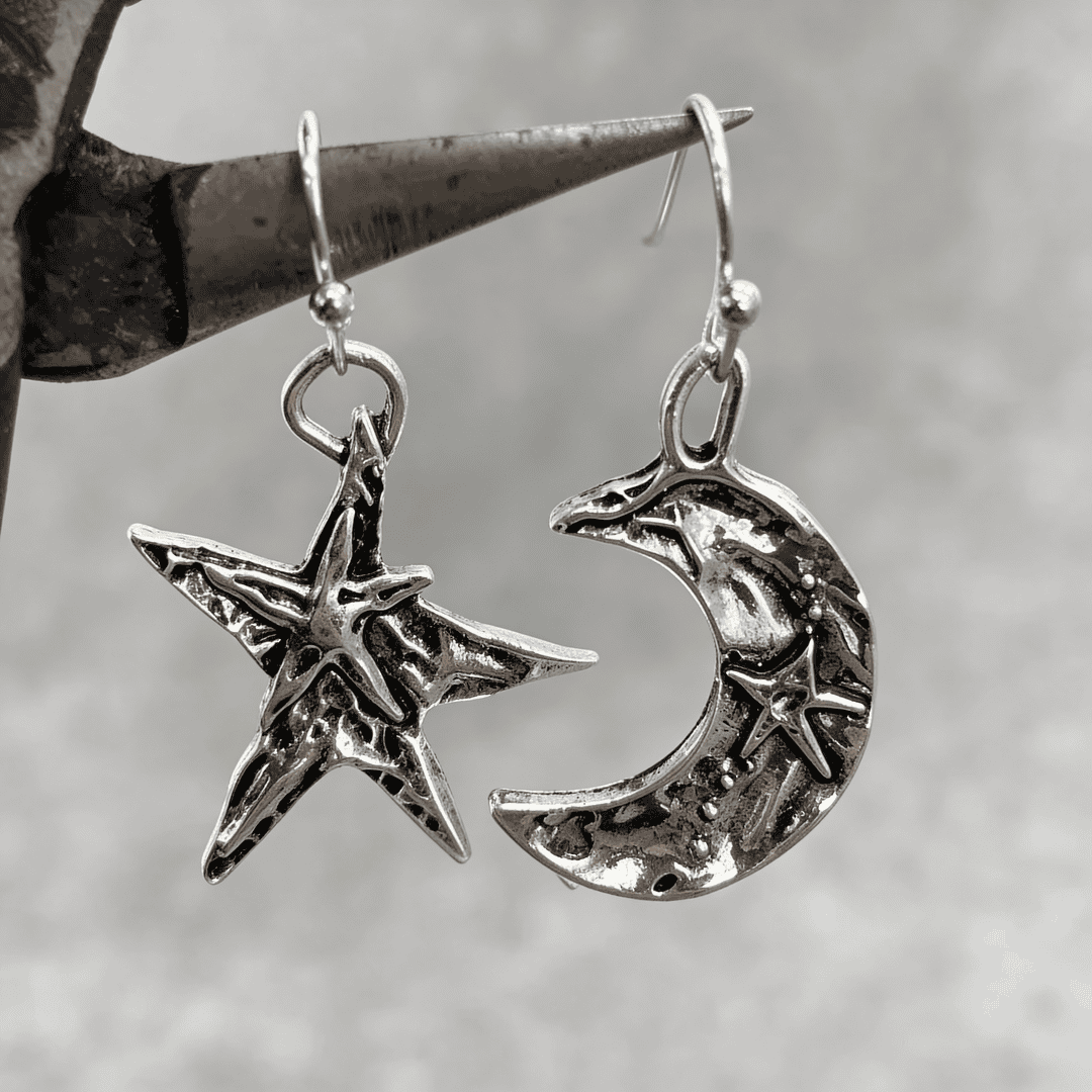 Pendientes bohemios plateados de luna y estrella