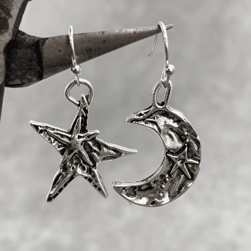 Pendientes bohemios plateados de luna y estrella