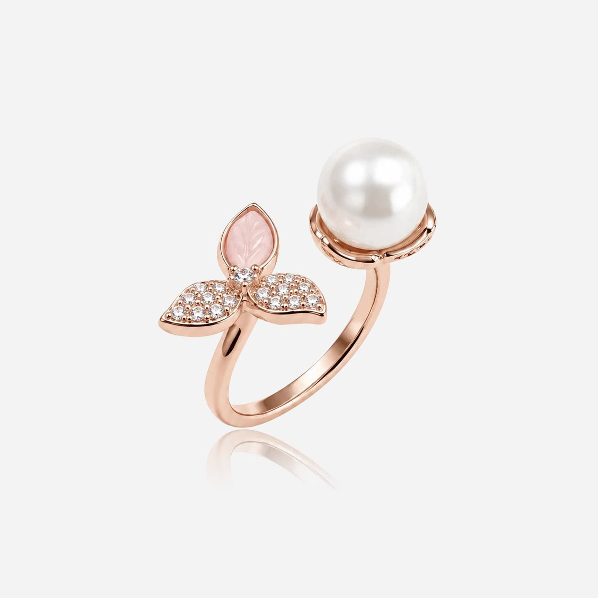 Anillo abierto de hoja con perla