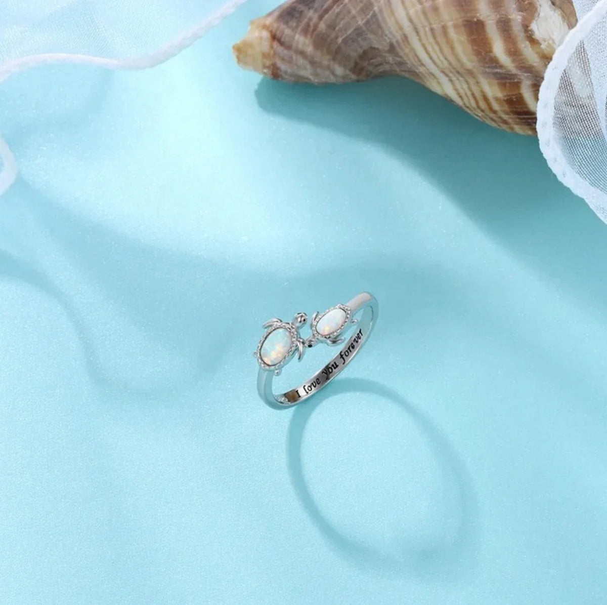 Anillo ajustable de ópalo con doble tortuga