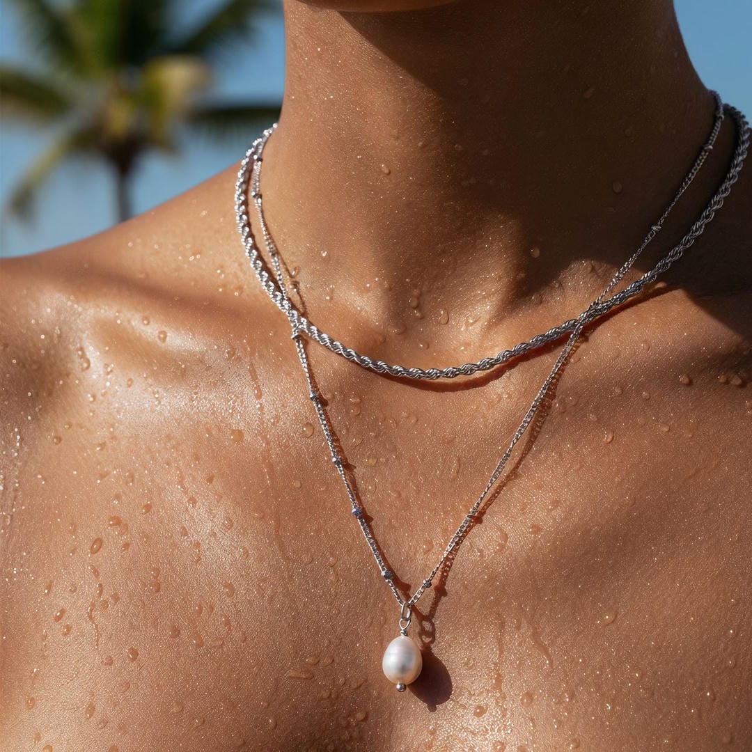 Collar dúo con colgante de perla y cadena de cuerda – imagen 3