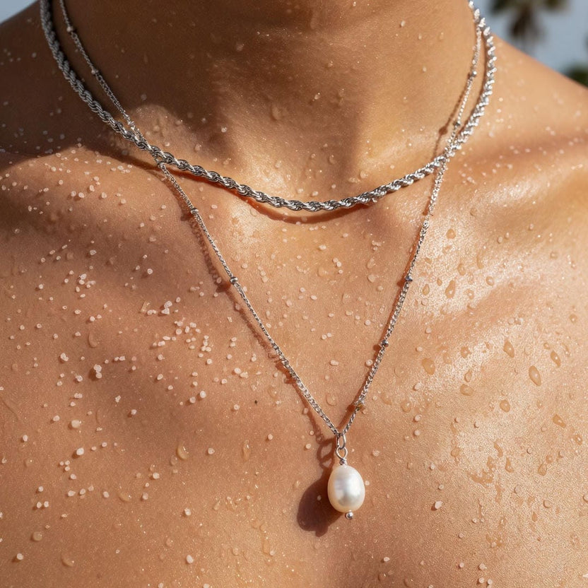 Collar dúo con colgante de perla y cadena de cuerda