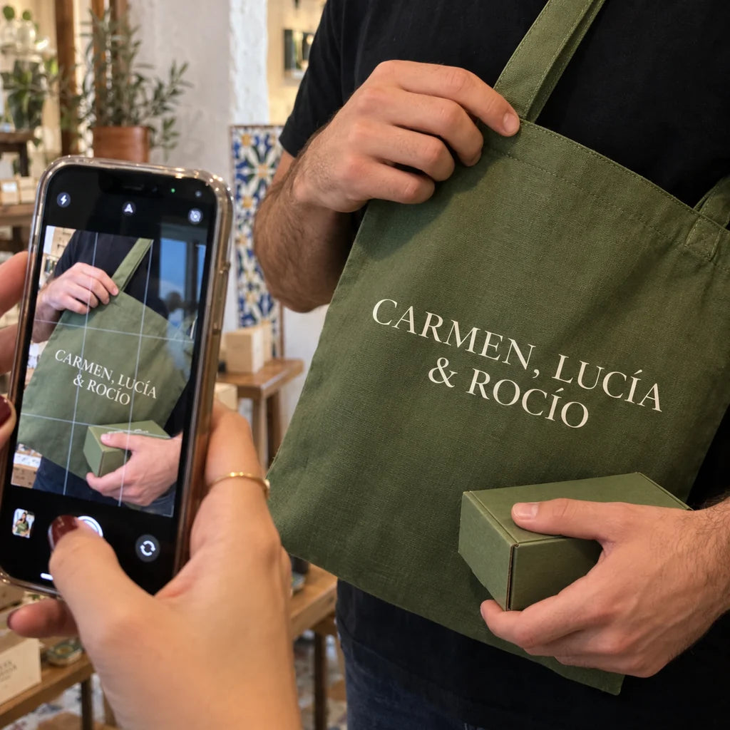 Tote bag de Carmen, Lucía & Rocío fotografiada en un móvil